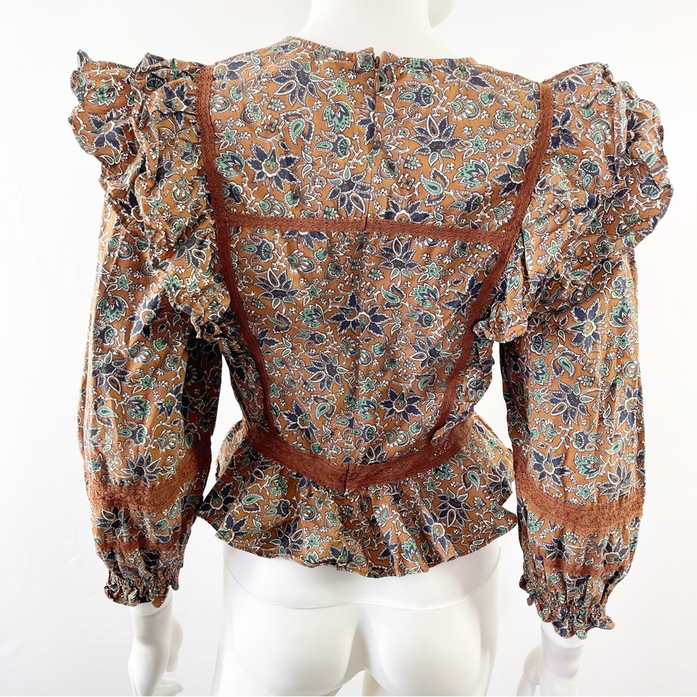Veronica Beard Long Sleeve Floral WESLAYAN Ruffle Blouse in Cinnamon Brown Sz 2 - Picture 10 of 13